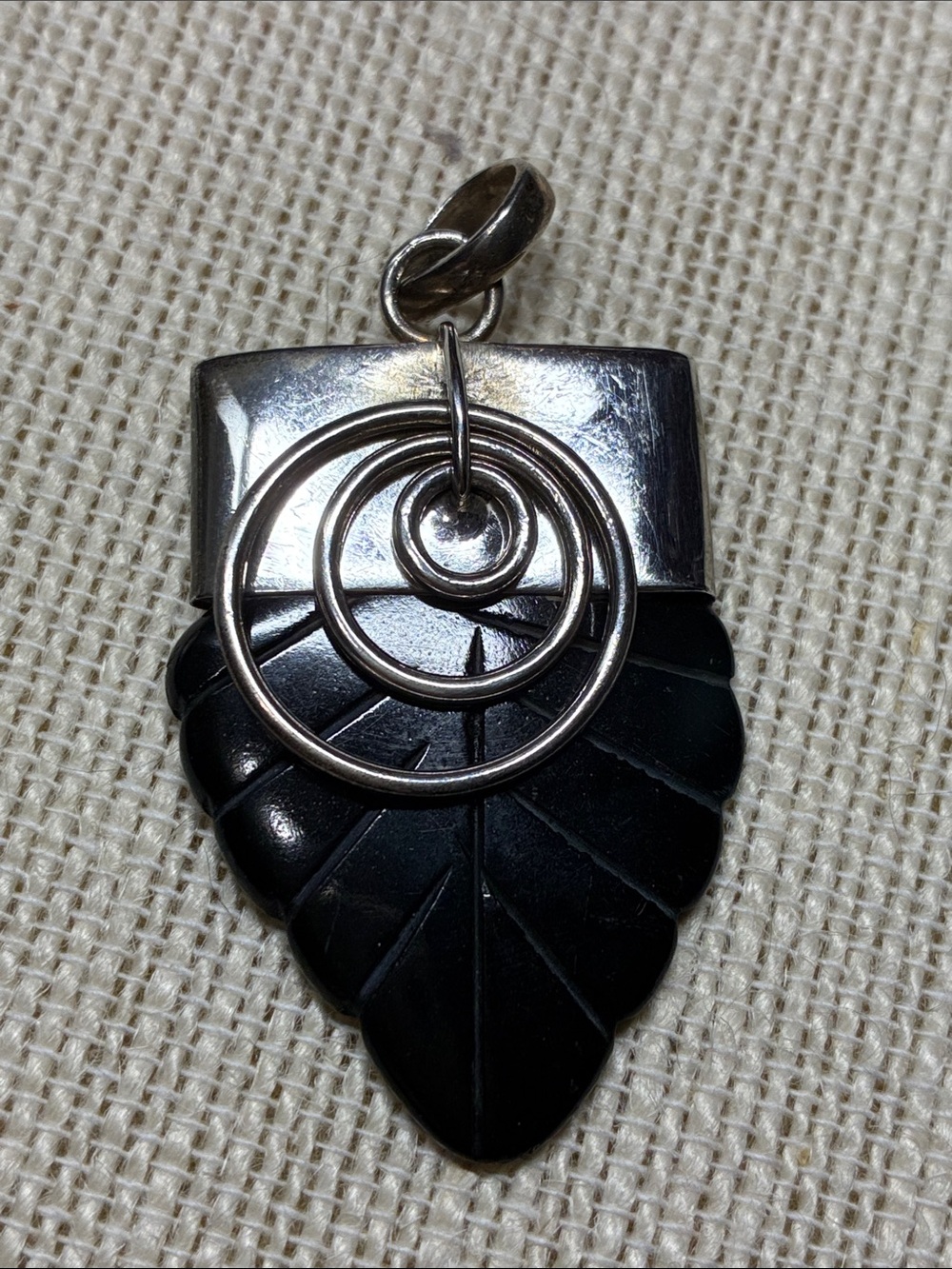 Sterling Silver & Black onyx carved Leaf Pendant